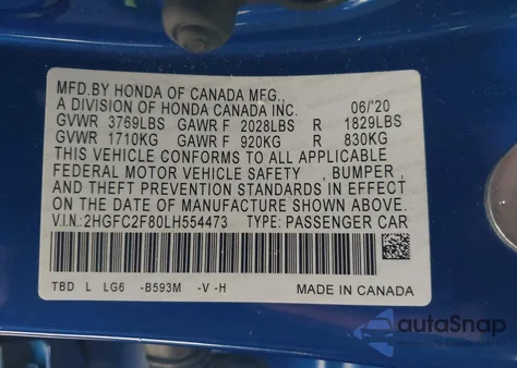 2020 Honda Civic Sport from USA, damaged, VIN 2HGFC2F80LH554473